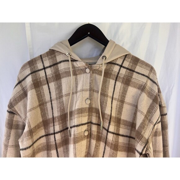 Maniere De Voir Jacket Womens 10 Brown Wool Plaid Zip Back Faux Leather Hooded - Picture 2 of 9